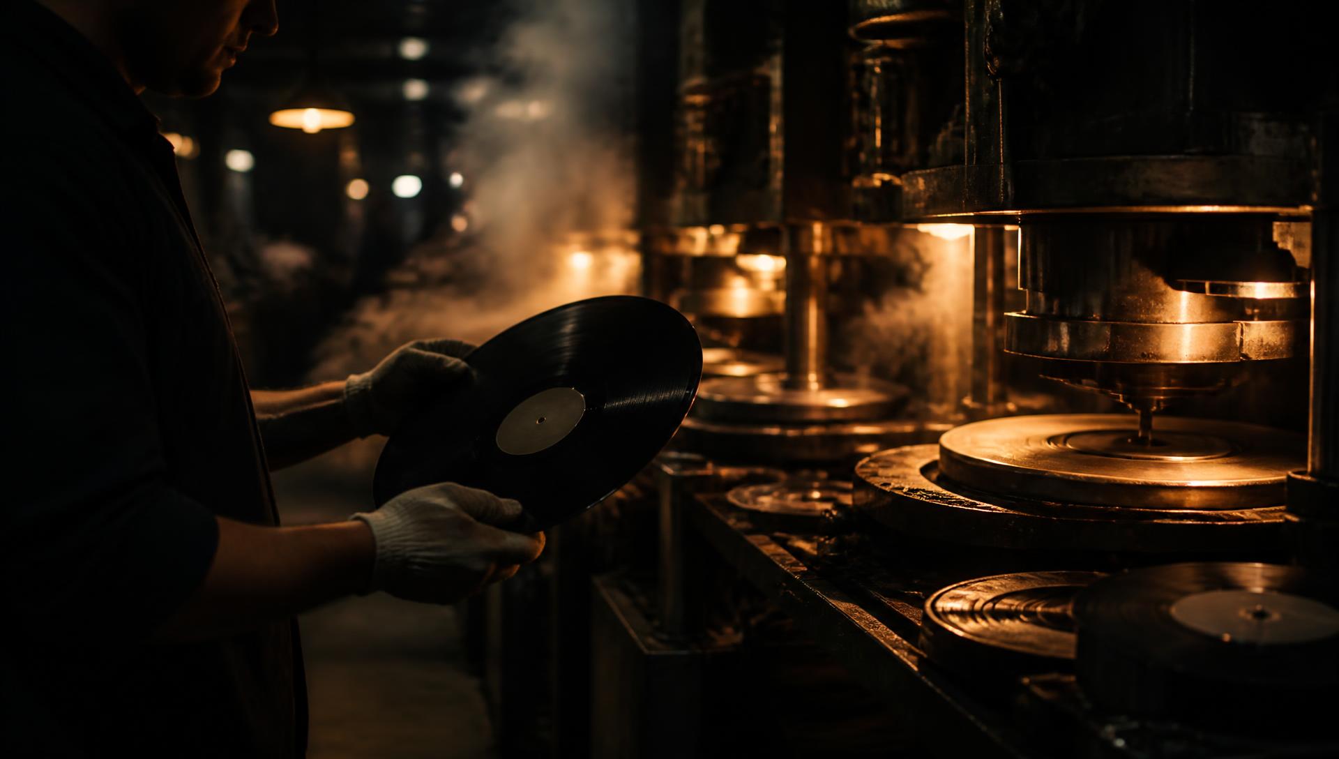 Warm-lit press floor at Memphis Record Pressing, a freshly pressed record lifted from the press